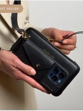 Bandolier Black Leather Crossbody Phone Wallet with Strap